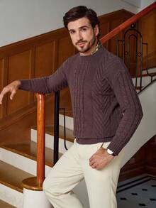 Manfinity Homme Men's Casual Cable Pattern Crew Neck Long Sleeve Sweater, Autumn/Winter - Brown - View 3