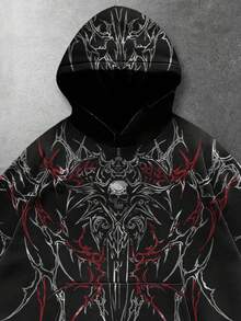ROMWE MEN Goth Sudadera con capucha casual de manga larga con bolsillo y estampado de calavera para hombre, estilo Y2K - Negro - Ver 4