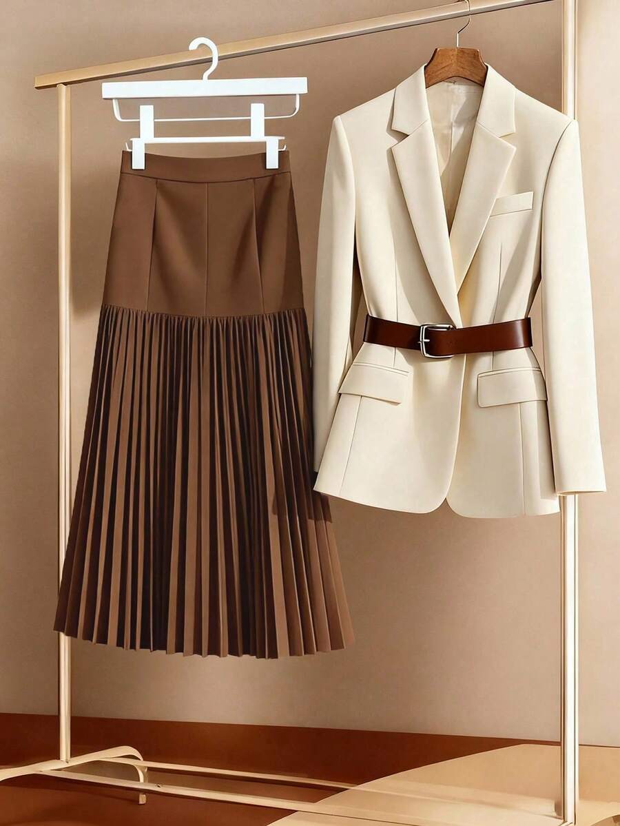 SHEIN Franclia Bộ đồ vest nữ cổ ve lật tay dài và chân váy midi xếp ly thanh lịch khi đi làm trong thành phố (không có thắt lưng) - trắng - Xem 1