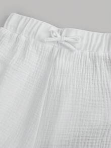 SHEIN Serisse Kids Tween Girls Daily Wear Outfits Casual Basic 100%Cotton Elastic Waistband White Pants, Wide Leg Pants, Back To School Winter Cozy Fall & Winter Styles Girl Wide Leg Pant White Long Pants Suitable For New Year, Daily, Celebration, Autumn & Winter Outfits For Easy Comfort, Autumn & Winter Layers For Girls, Stylish Girls - White - View 4