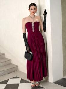 SHEIN Elenzya Váy suông cổ chữ V nhún bèo lãng mạn thanh lịch, eo ôm vừa vặn, đính ngọc trai tinh tế, thích hợp cho ngày lễ tình nhân, buổi hòa nhạc - Màu Đỏ Sâu - Xem 7