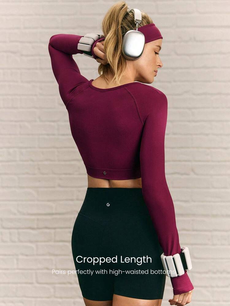 Second-Skin Seamless High Energy Sweat-Wicking Built-In Cups Breathable Mesh Henley Neckline Thumbholes Cropped Long Sleeve Top Medium Impact Training Running Workout  Outdoors Daily Active Wear Spring Summer