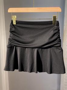 SHEIN EZwear Women Solid Ruched Ruffle Hem Mini Skirt - Black - View 6