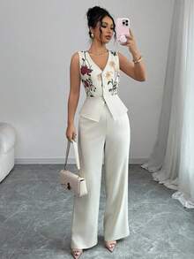 Selianne Conjunto elegante de top sin mangas con bordado de malla y cintura ceñida, y pantalones, color amarillo crema, adecuado para vacaciones y uso diario - Albaricoque - Ver 1