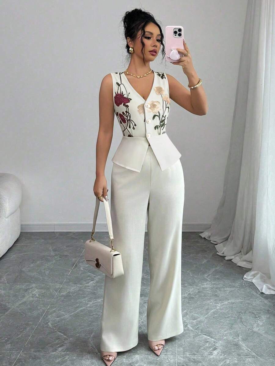 Selianne Conjunto elegante de top sin mangas con bordado de malla y cintura ceñida, y pantalones, color amarillo crema, adecuado para vacaciones y uso diario - Albaricoque - Ver 1