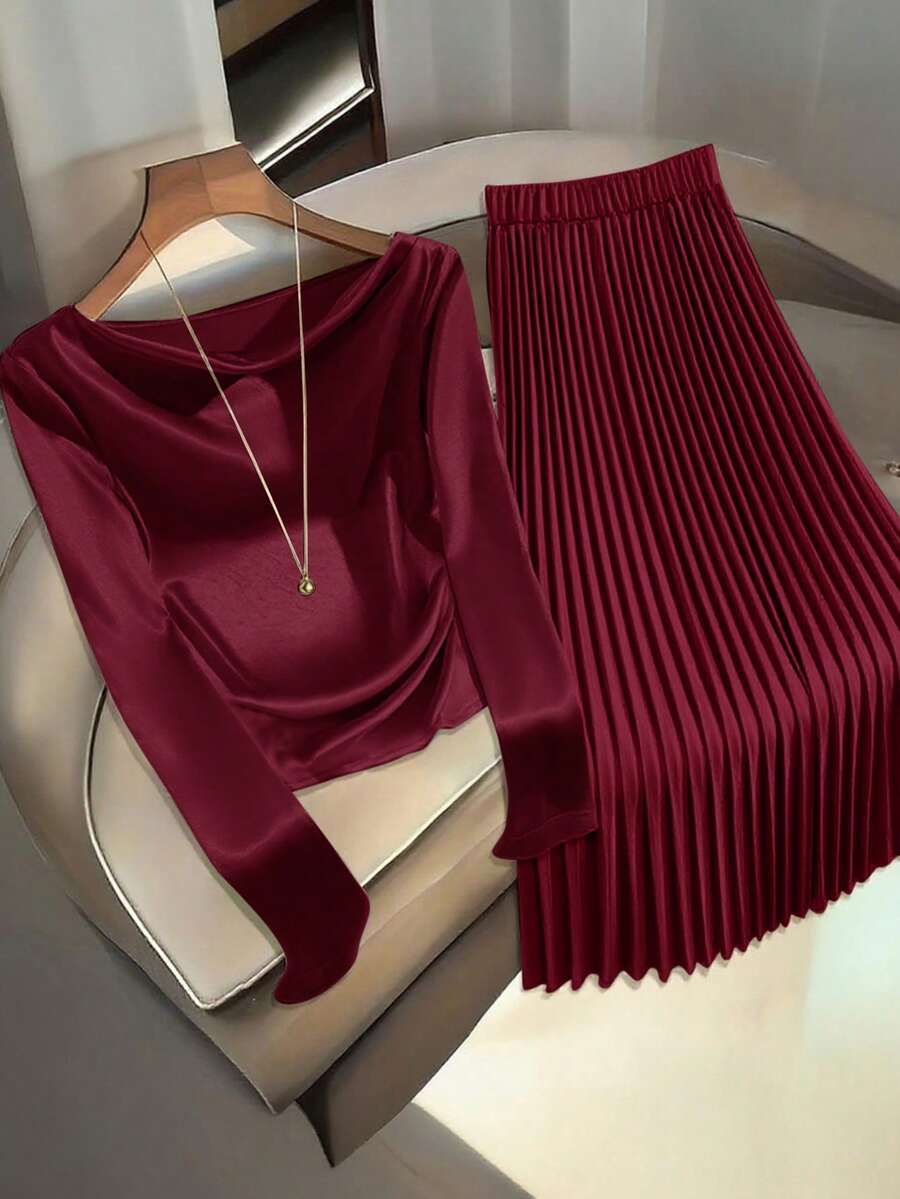 Franclia 女士优雅法式风情精致荷叶边领衬衫搭配褶裥中长裙，卡其色套装，秋冬装 - 酒紅色 - 查看 1