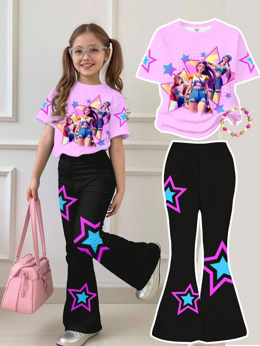 2pcs/Set Tween Girls Casual Loose Fit Cartoon Girl Graphic Tee And Flare Pants, Suitable For Spring/Summer Daily Wear And Outings - Multicolor - View 1