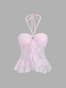 Sweetra Women's Sweet & Spicy Halter Neck Cropped Ruffle Hem Tank Top - Pink - View 1