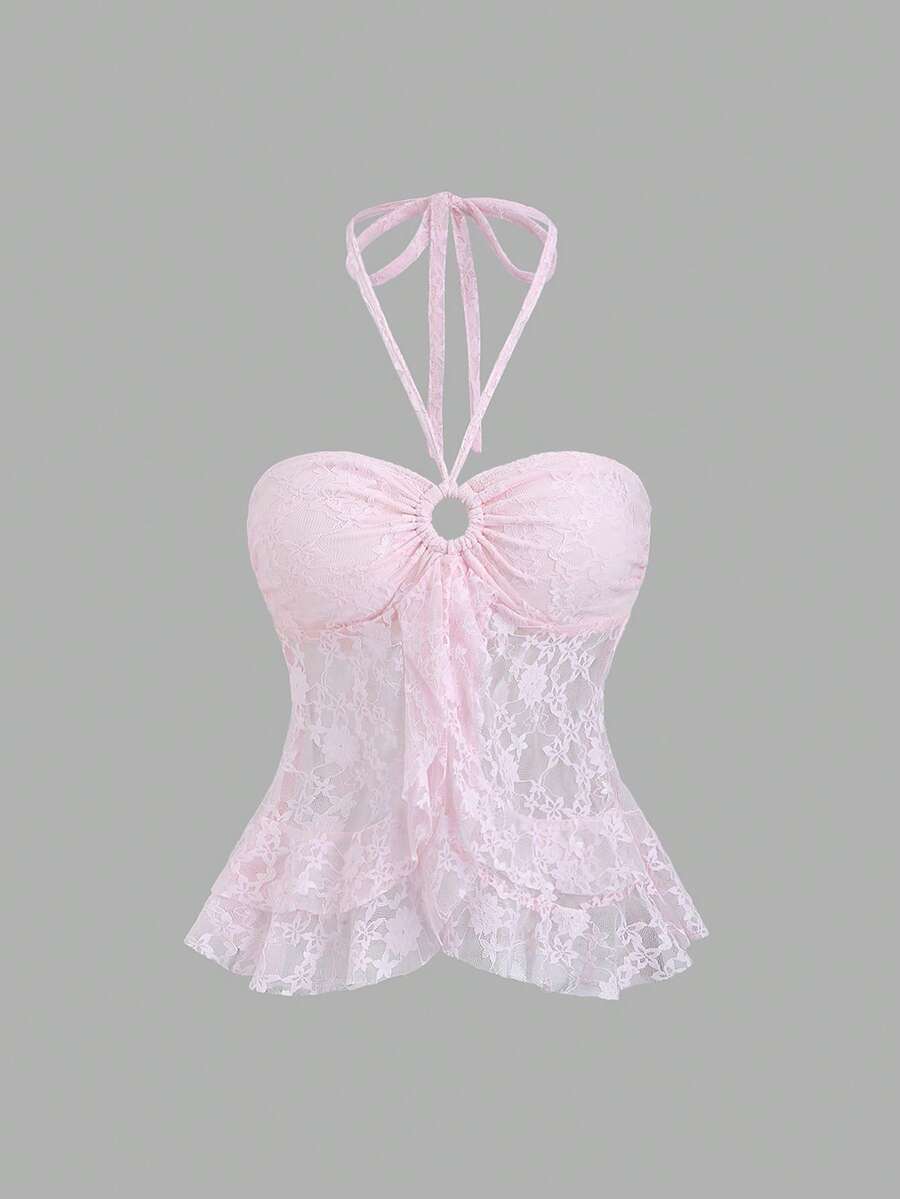 Sweetra Women's Sweet & Spicy Halter Neck Cropped Ruffle Hem Tank Top - Pink - View 1