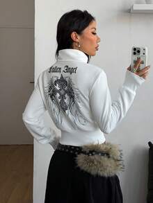 Coolane Women's Fall/Winter Streetwear Vintage Concert Rave Homecoming Graphics Fitted Sweatshirt - White - View 1