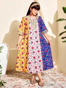 SHEIN Tween Girls' Traditional Arab Maxi Dress,Floral Red Pattern,Golden Trim V-Neck,Pastel Yellow,Autumn,Boho,Family Matching - Multicolor - View 8