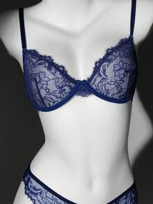 SHEIN Women Lace Underwire Soft Cup Bra Set - Navy Blue - View 9
