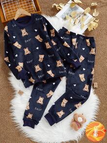 两件套男童休闲抓绒睡衣套装，长袖上衣和裤子，咖啡色，带小熊图案 - 藏蓝色 - 查看 4