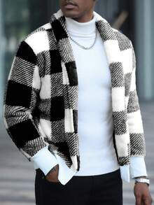 Manfinity CasualCool Plaid Casual Warm Long Sleeve Men's Jacket, Autumn/Winter Mens Knitted Cardigans Men Sweater Jacket Black And White Jacket Men Cardigan Plaid Jacket Men - Multicolor - View 5