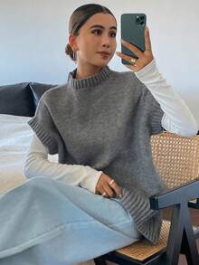 DAZY Chaleco de punto de cuello redondo con ajuste holgado y sin mangas - Gris - Ver 6