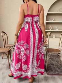 Weeklong Vestido de tirantes asimétrico con estampado vintage para talla grande, estilo vacacional - Rosa Fucsia - Ver 2