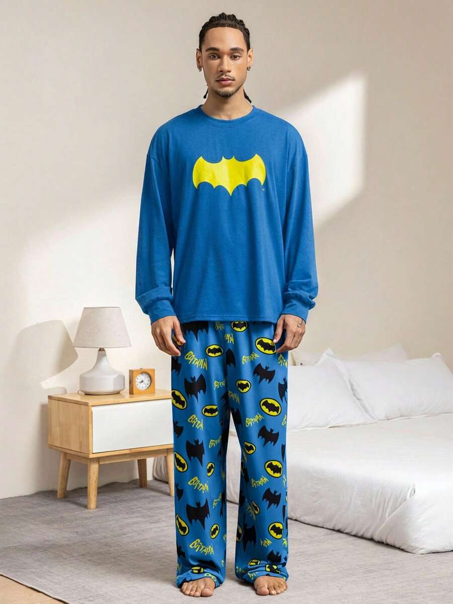 BATMAN X SHEIN Men's Bat Print Drop Shoulder Loose Long Sleeve Top And Pants Loungewear Set, Spring/Autumn - Blue - View 1