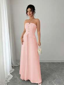 Elenzga Standard Size Women's Metal Decor Faux Pocket Pleated Hem Minimalist Elegant Mid-Length Dress - Pink - View 6