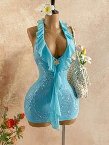 Soleia Váy dự tiệc cưới bãi biển kiểu phương Tây cho kỳ nghỉ bình thường mới, váy ngắn dự tiệc hở lưng đính hạt sequin xếp nếp phong cách Bohemian nhiệt đới thanh lịch - Màu xanh nhạt - Xem 5
