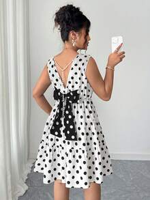 Elenzga Đầm không tay cổ tròn in họa tiết chấm bi đính nơ cỡ lớn cho nữ - Nhiều màu - Xem 1