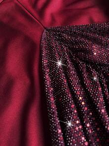 Viva Relle Plus Size Women's Sexy Long Sleeve Sequin Patchwork High-End Design Lightweight Dress, Elegant Flared Dress For Party, Wedding, Valentine's Day - Burgundy - View 7