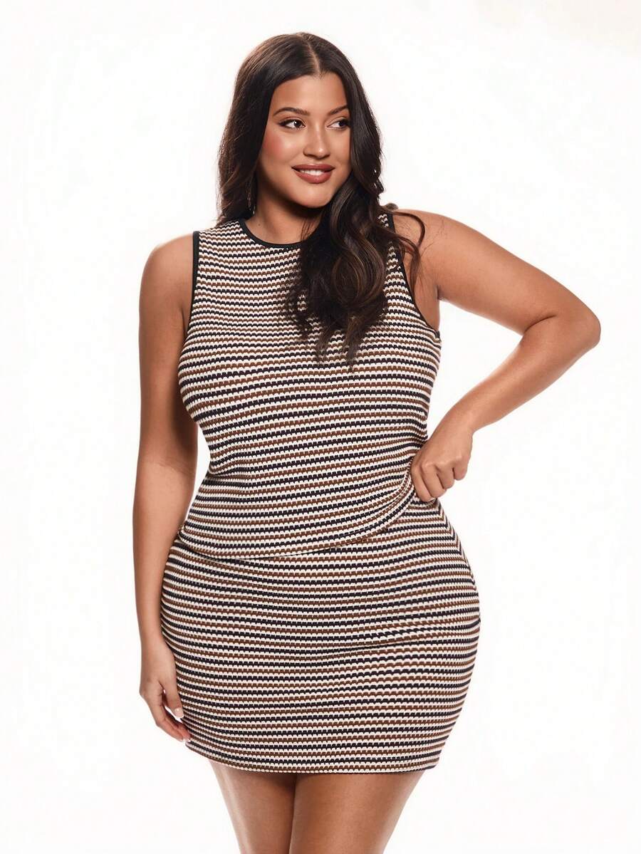 Solavibe 大码女装两件套：无袖条纹针织纹理面料上衣和半身裙，春夏休闲度假装 - 彩色 - 查看 1