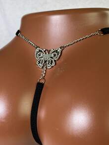 SHEIN Women's Sparkling Butterfly Chain Sexy Thong String Panty - Black - View 3