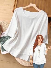 Rusticease Camisa asimétrica verde de estilo campestre para otoño en tallas grandes - Blanco - Ver 1