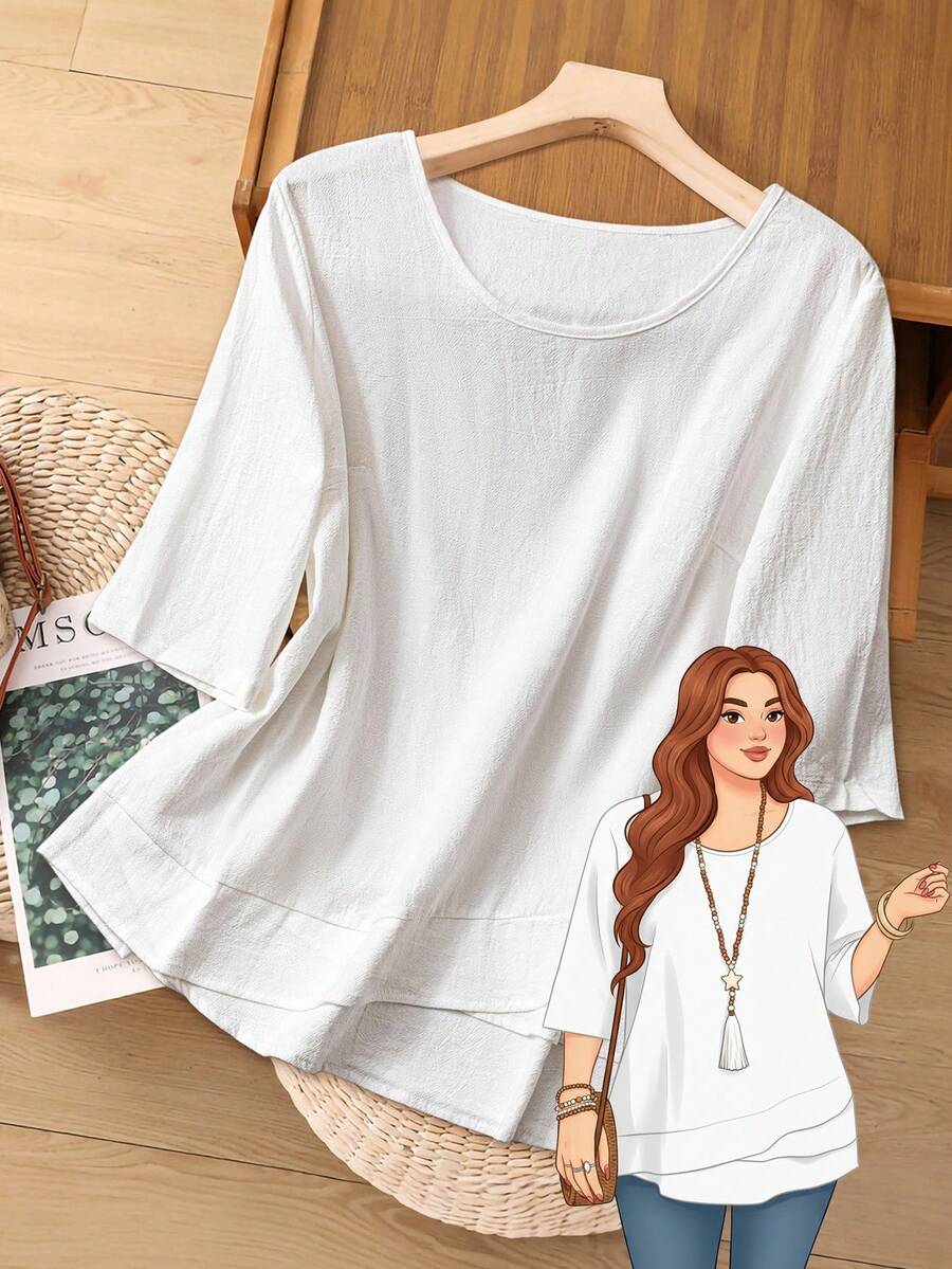 Rusticease Camisa asimétrica verde de estilo campestre para otoño en tallas grandes - Blanco - Ver 1
