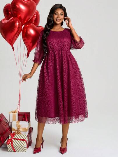 EMERY ROSE 大码女士优雅蕾丝中长连衣裙，圆领七分袖