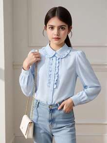 SHEIN 少女宽松休闲优雅荷叶边泡泡袖纽扣衬衫，长袖上衣，舒适日常休闲校服衬衫 - 淺藍色 - 查看 4