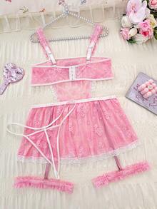 PetitDoll Valentine's Day Plus Size Sexy Lace Patchwork 5-Piece Lingerie Set - Pink - View 2