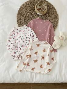 LMoss Kids 3件套女婴针织可爱小熊水果图案荷叶边领休闲上衣套装 - 彩色 - 查看 6