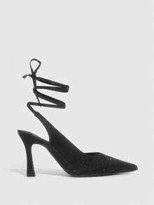 CUCCOO SZL Women's Elegant Commuter Rhinestone Lace-Up Pointed Toe Pumps For Christmas - Black - View 2