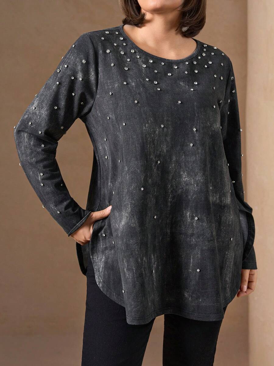 Chikora 大码女式水钻装饰扎染圆领长袖休闲T恤，黑色纯色亮银色烫金弹力针织V领长袖T恤，黑色，秋季，外出上衣 - 黑色 - 查看 1