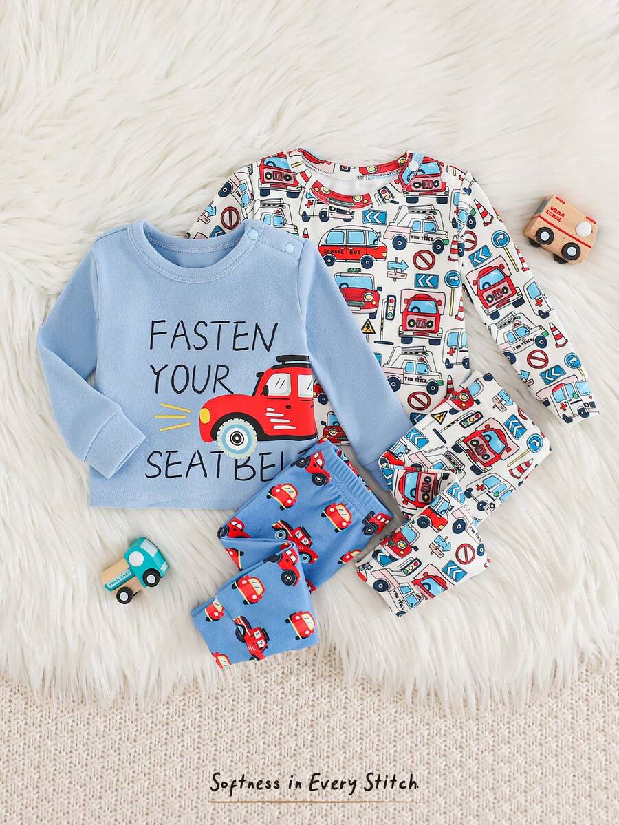 Cozy Pixies Bộ đồ ngủ 4 món ôm sát cho bé trai/bé gái sơ sinh, áo len cổ tròn dài tay mềm mại họa tiết ô tô hoạt hình và quần dài cạp chun - Nhiều màu - Xem 1
