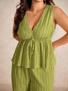 Elaquor 大码休闲度假条纹无袖A字娃娃衫和直筒休闲裤套装 - 綠色 - 查看 4