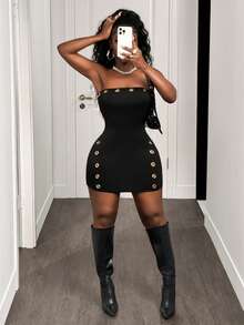 BamGleam 女士修身无肩带镂空连衣裙 - 黑色 - 查看 6