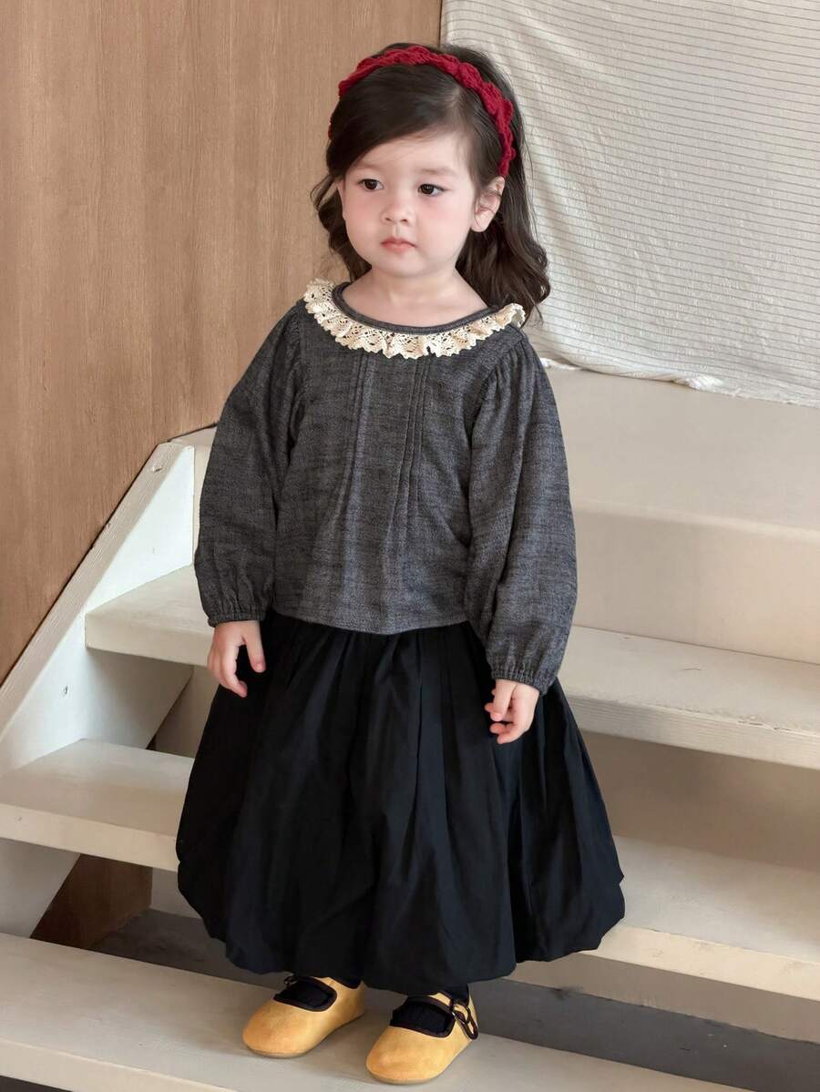 DAZY Toddler Girls' Round Neck Lace Patchwork Long Sleeve Faux Denim Korean Style Top - Grey - View 1