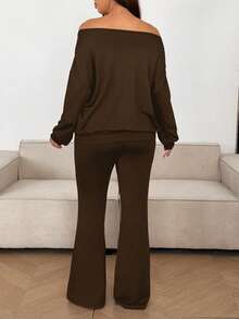 Sunnyshic Bộ 2 món áo hở vai và quần ống loe cỡ lớn cho nữ - Cà phê nâu - Xem 2