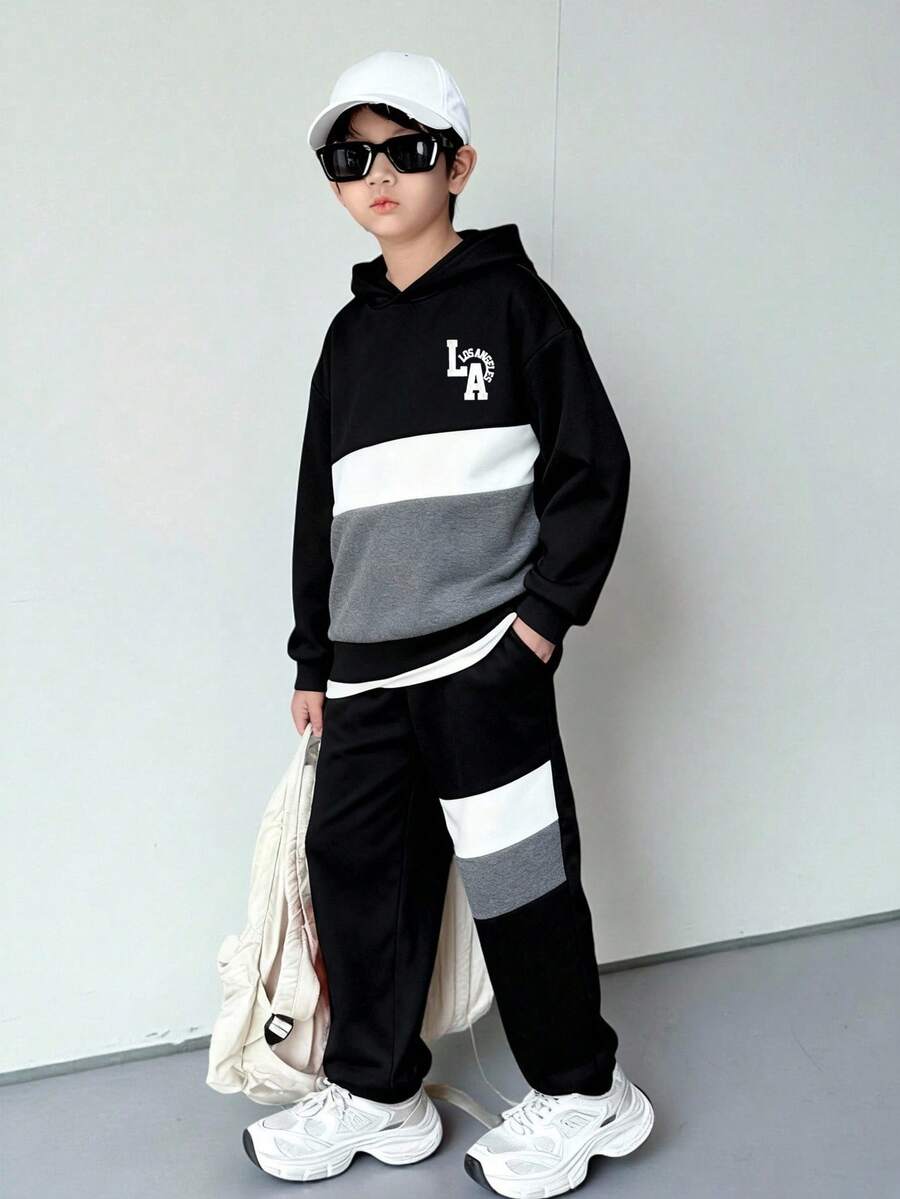 SHEIN Little Byeori 2 件装青少年男孩、运动、学院风、复古、有缝线、连帽运动衫和裤子套装、适合儿童服装、幼儿男孩服装、返校男孩套装、适合生日派对、晚会、表演、婚礼、洗礼、开幕式、日常使用、适合上学、适合旅行、适合运动、适合春秋冬