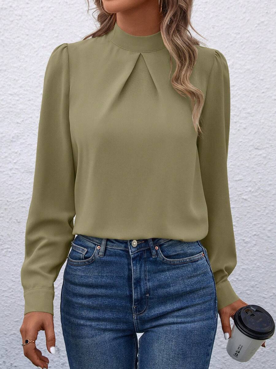 EMERY ROSE 1pc Women's Solid Color Stand Collar Elegant Long Sleeve Blouse - Green - View 1