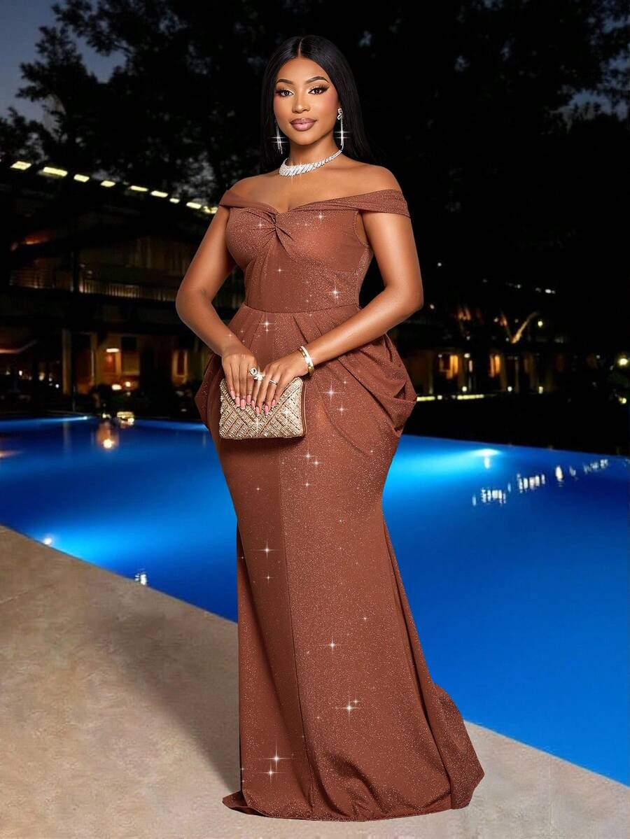 SOLERSUN 大码女装秋冬装高端简约优雅性感通勤女士秋冬装派对外出服装、多样性结、万圣节、圣诞节、舞会礼服、长裙、派对礼服、闪亮礼服、橙咖啡闪亮面料、女士奢华晚礼服 - 鏽棕色 - 查看 1