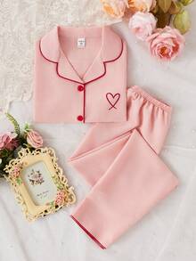 SHEIN 2件套女童珊瑚粉樱桃刺绣休闲宽松长裤和短袖上衣睡衣套装 - 珊瑚粉 - 查看 5