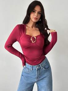 Firerie 金属装饰纽扣镂空女式T恤连体衣 - 酒紅色 - 查看 4