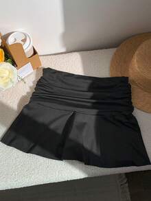 SHEIN EZwear Women Solid Ruched Ruffle Hem Mini Skirt - Black - View 2