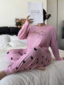 SHEIN Plus Size Letter Print Pajama Set, Heart All-Over Print Sleepwear Pants - Pink - View 6