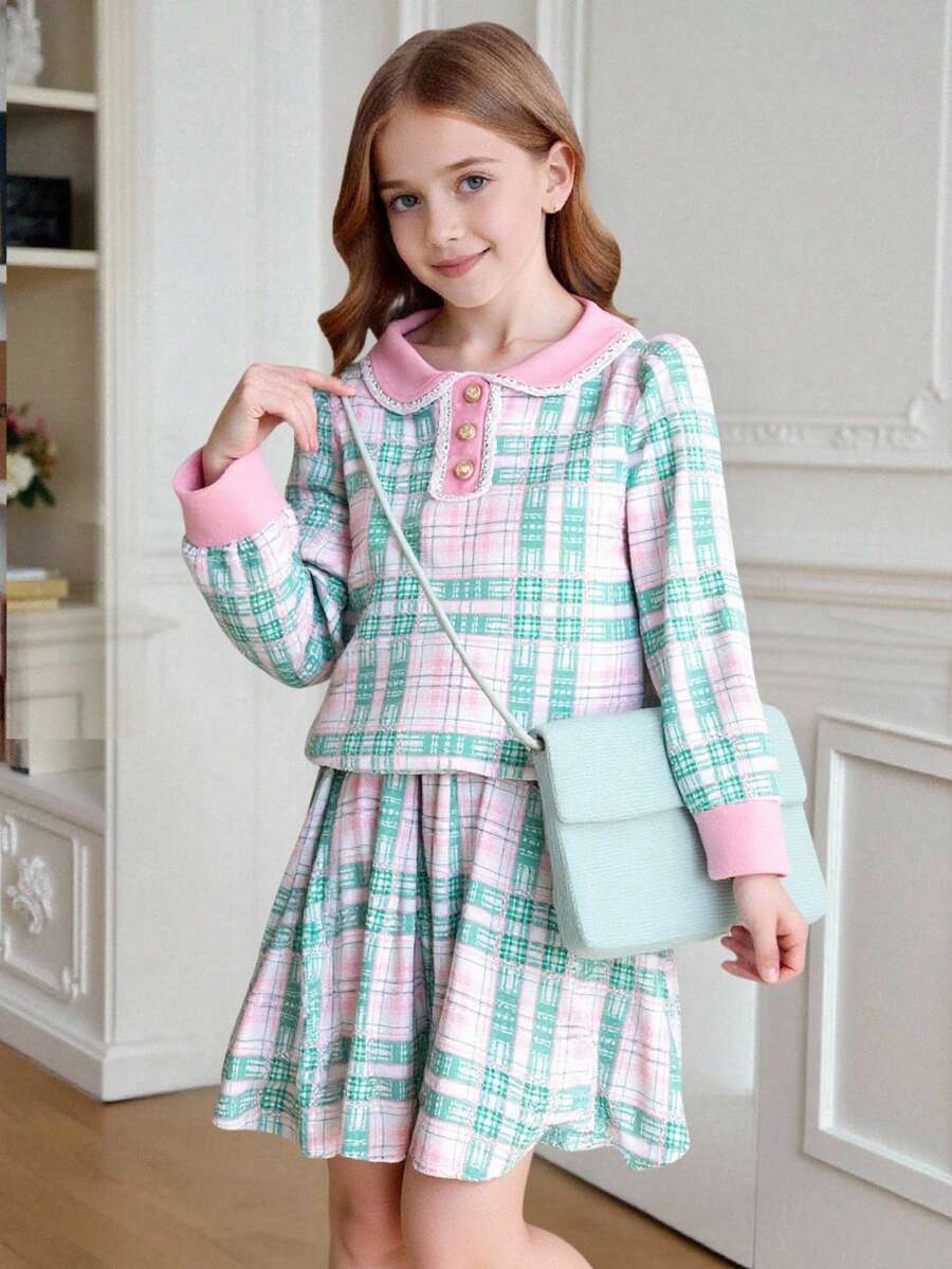 Elladie kids Tween Girls Sweet, Cute, Elegant, Academic Style Green & Pink Plaid Puff Sleeve Top Paired With Skirt Casual Minimalist T-Shirt Set