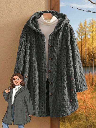 Rusticease Chaqueta con capucha de talla grande, cómoda y cálida con textura de felpa y decorada con botones para el invierno