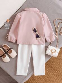 SHEIN 2pcs Young Girls Light Pink Autumn Family Matching Outfit,Peter Pan Collar Bow Knot Long Sleeve Shirt Blouse & White Pants Set For School Party - Pink - View 3